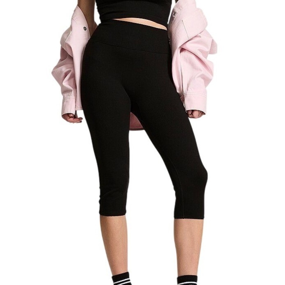 Victoria's Secret PINK Seamless Ribbed Capri Leggings Black High Waist Small NWT